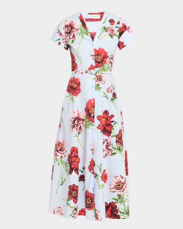 Short-Sleeve Peony-Printed Tea-Length Dress